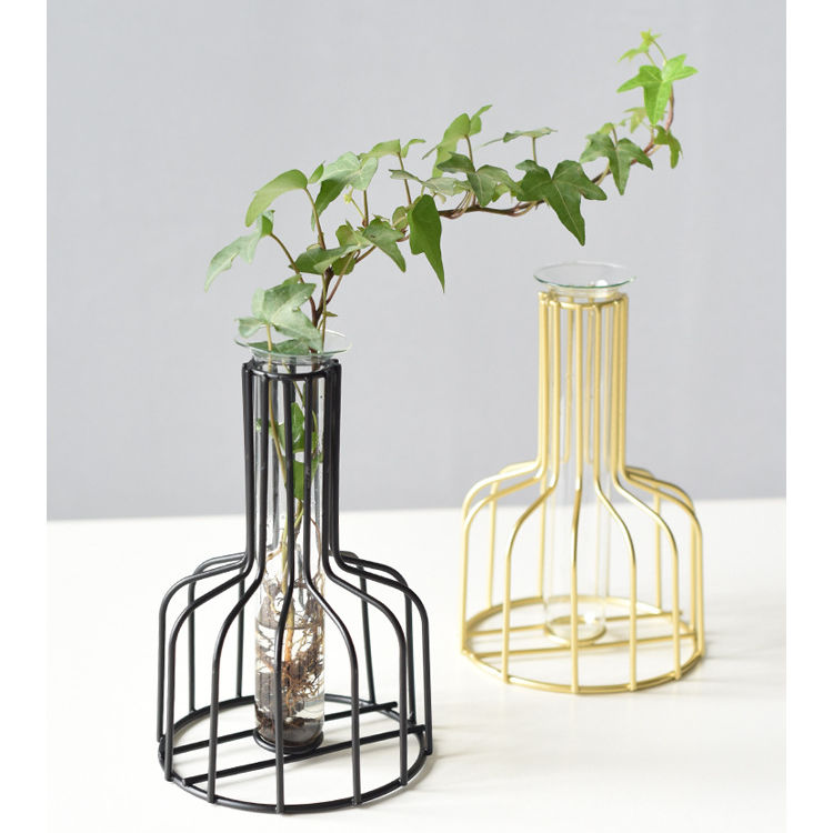 Minimalist metal frame vase with a clear glass tube, holding a green plant – perfect for home or office tabletop decoration.