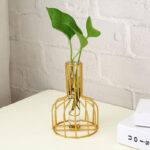 Minimalist metal frame vase with a clear glass tube, holding a green plant – perfect for home or office tabletop decoration.